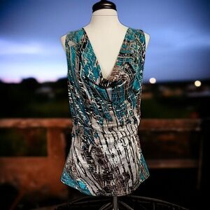 Y2K Iz Byer Draped Neck Fitted Top XL Metallic Ruched Sleeveless Fairy 2000s Vtg